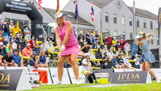 Sandra Carlborg hits at a long drive championship in 2022.